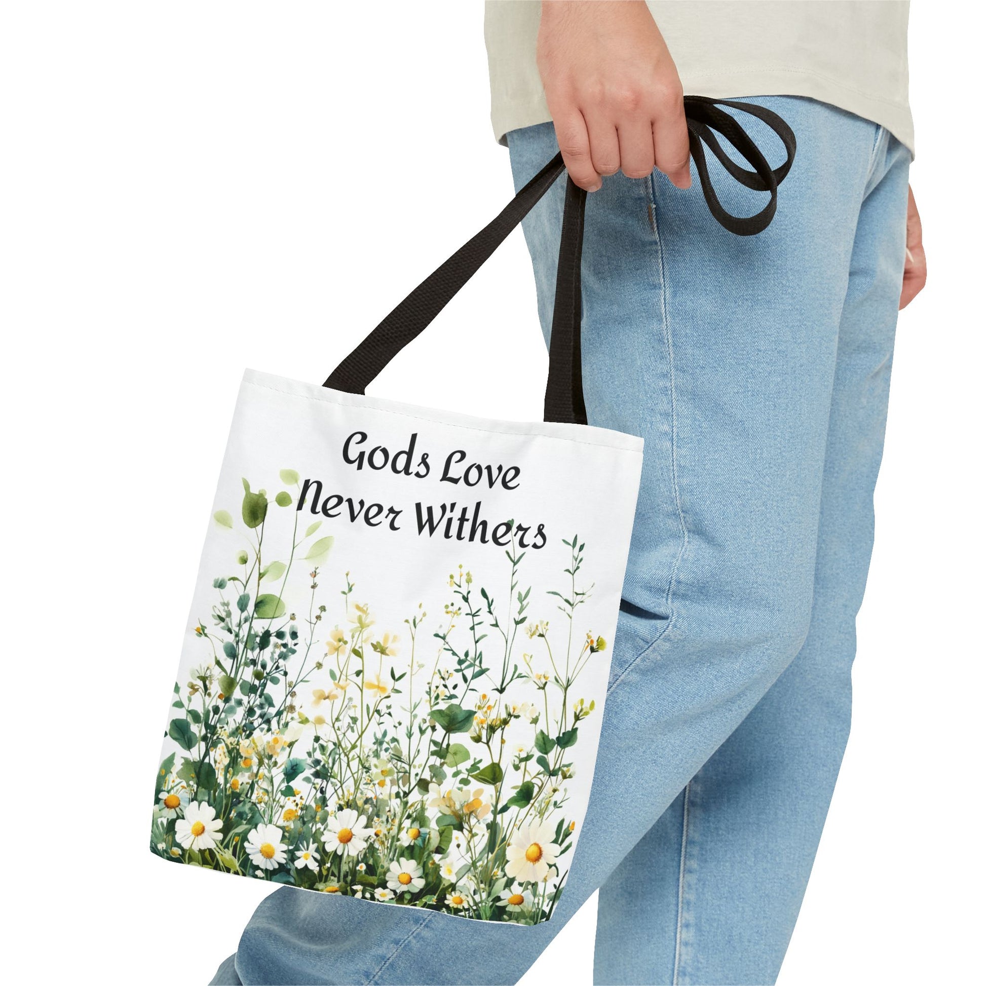 Floral Tote Bag with Gods Love Never Withers Design