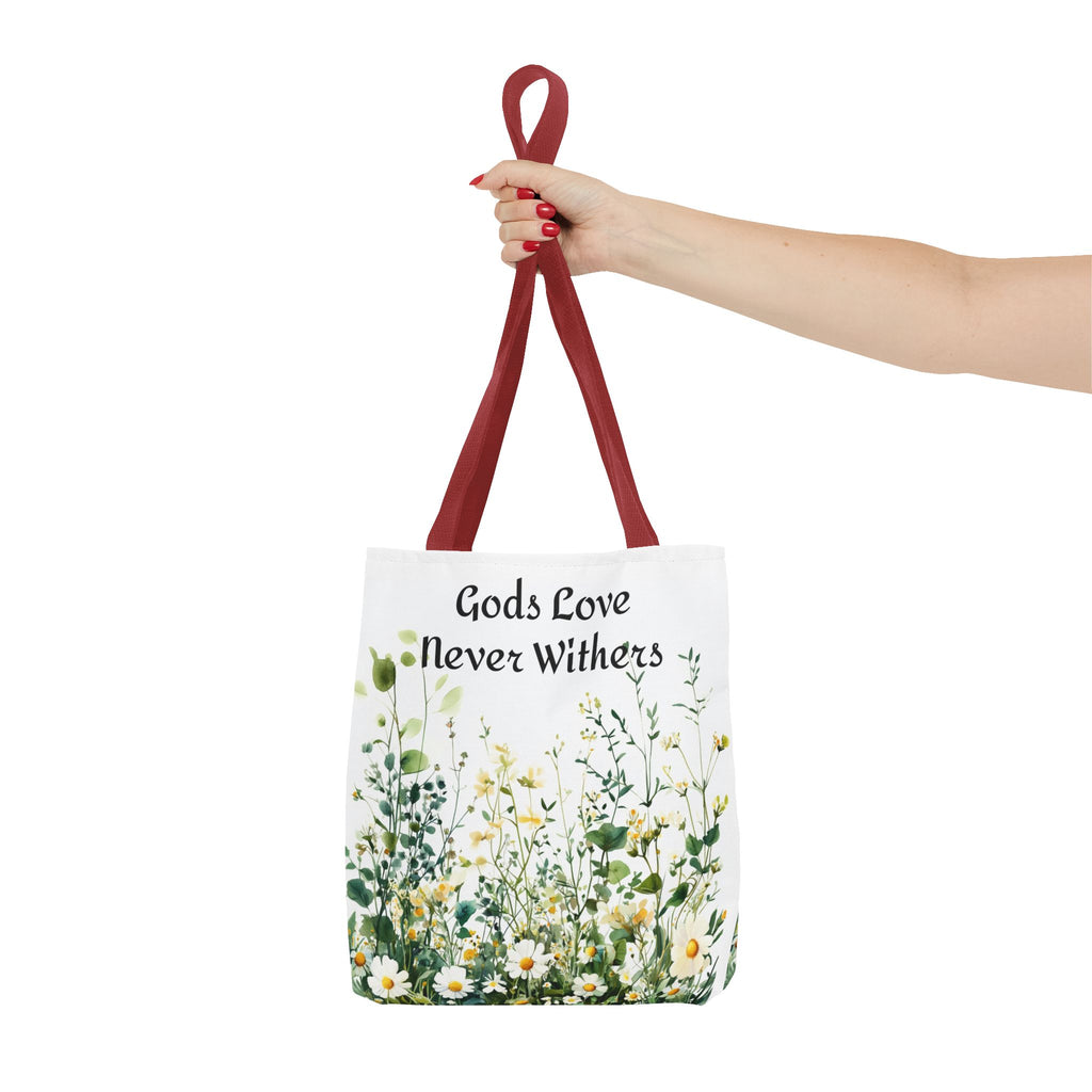 Floral Tote Bag with Gods Love Never Withers Design