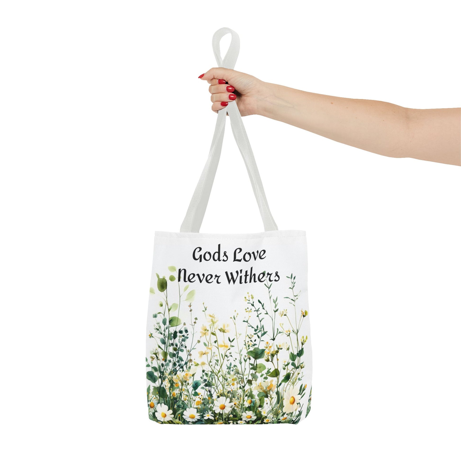 Floral Tote Bag with Gods Love Never Withers Design