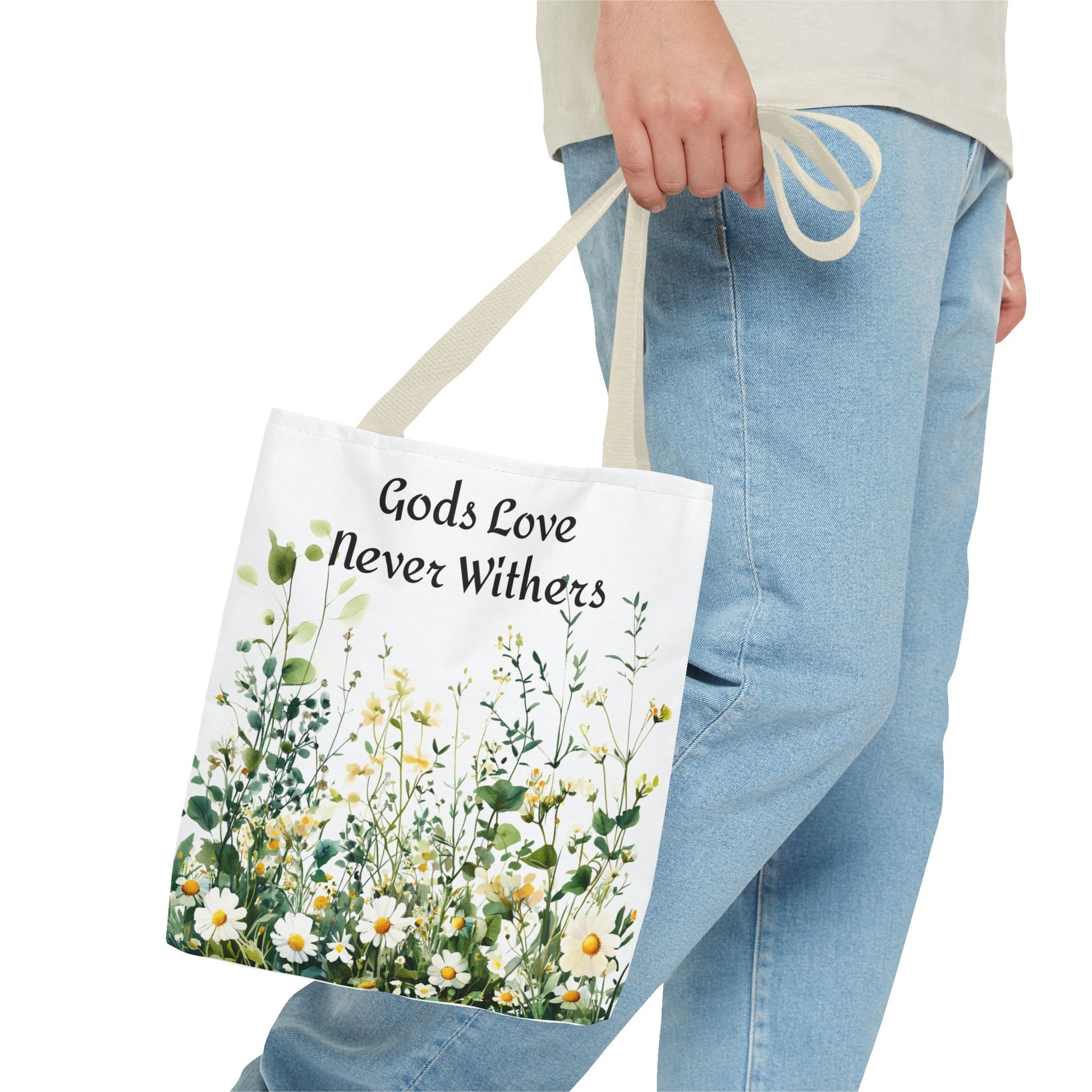 Floral Tote Bag with Gods Love Never Withers Design