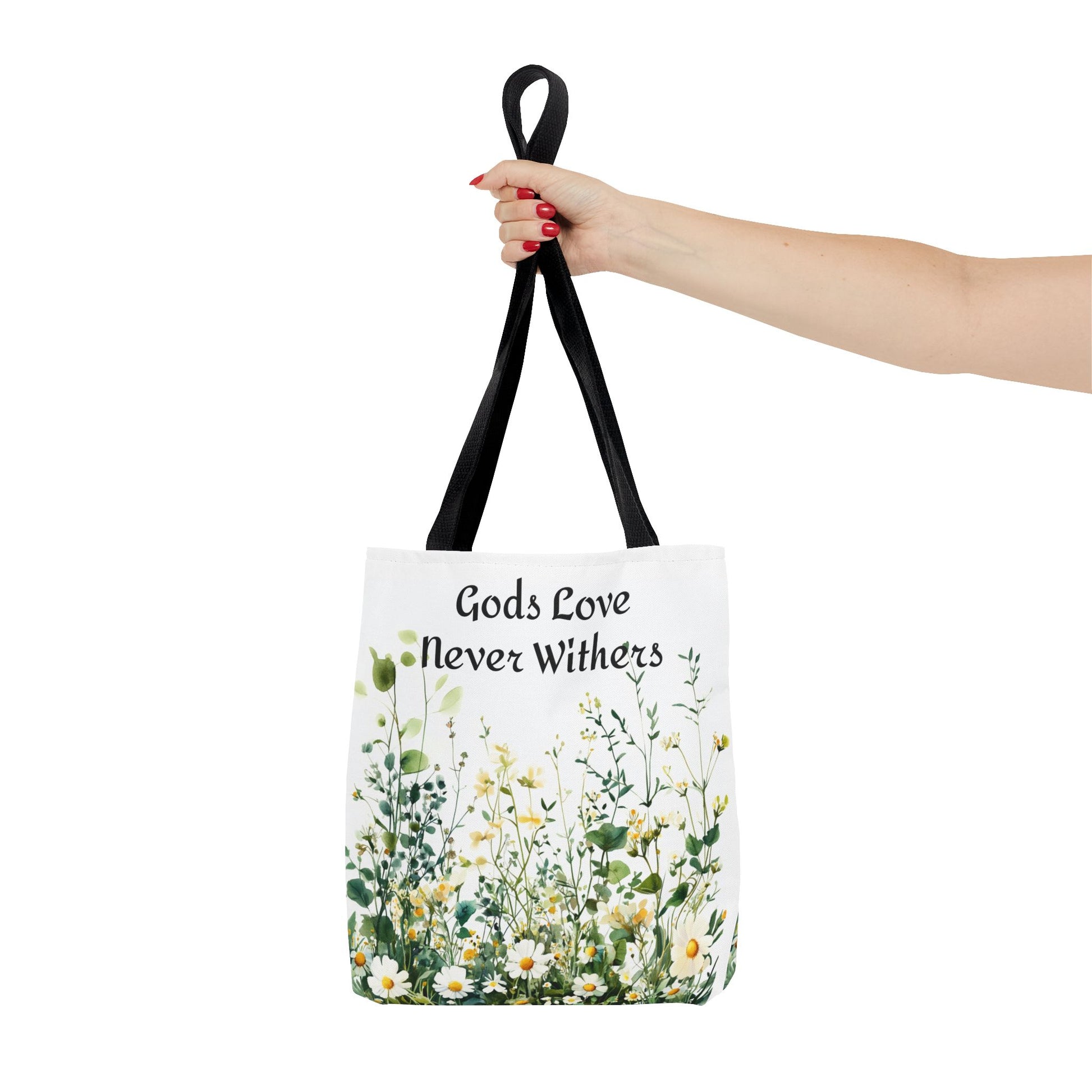 Floral Tote Bag with Gods Love Never Withers Design