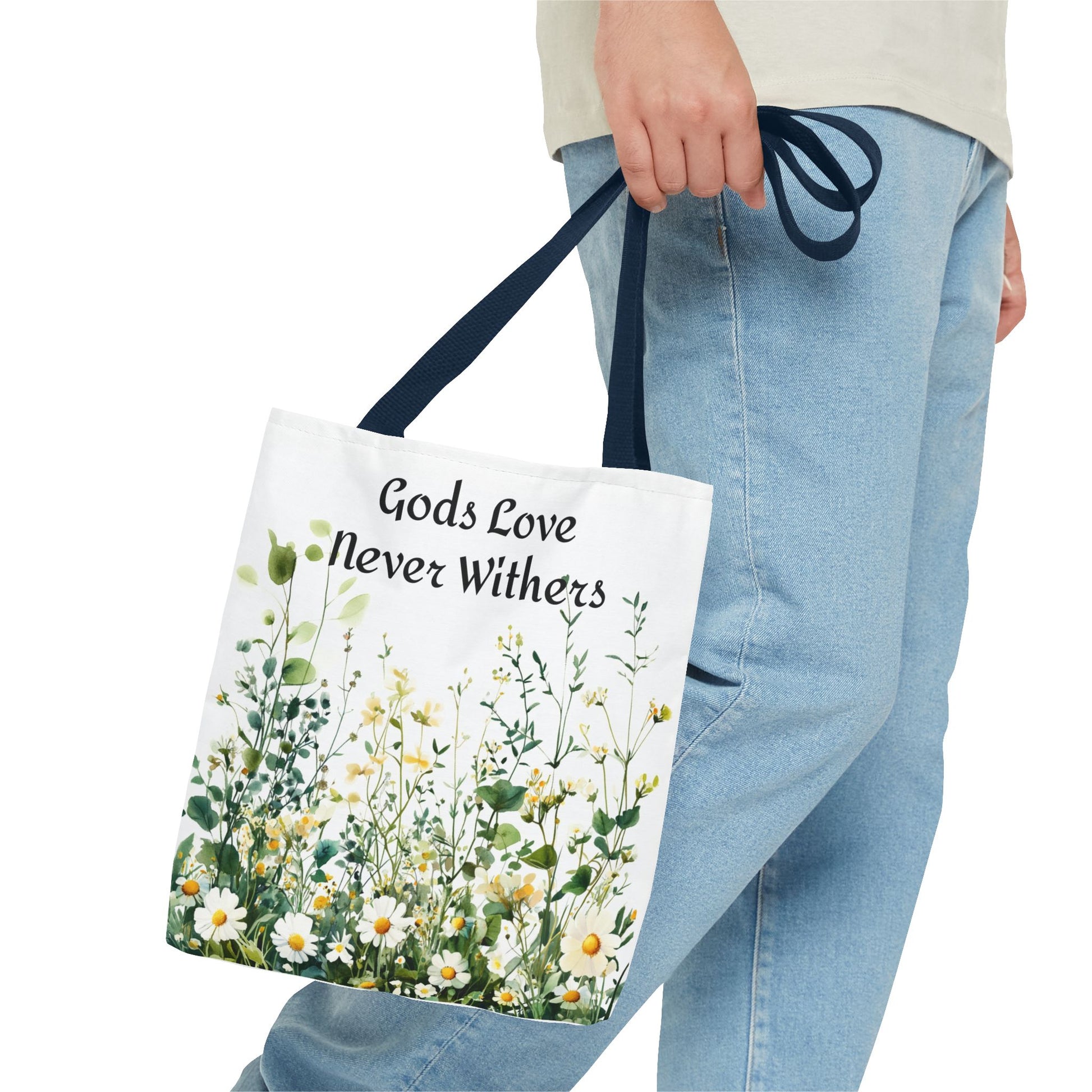 Floral Tote Bag with Gods Love Never Withers Design