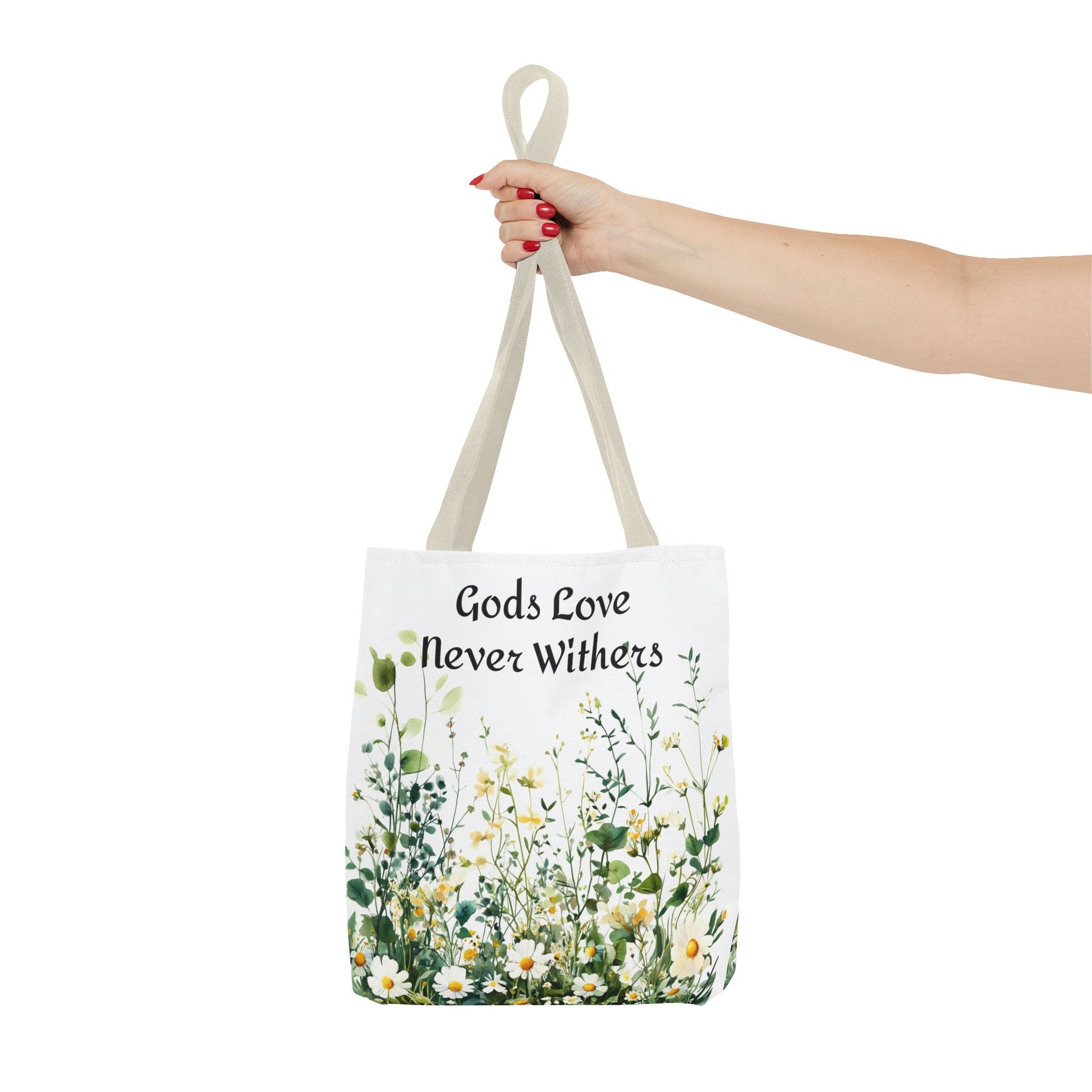 Floral Tote Bag with Gods Love Never Withers Design