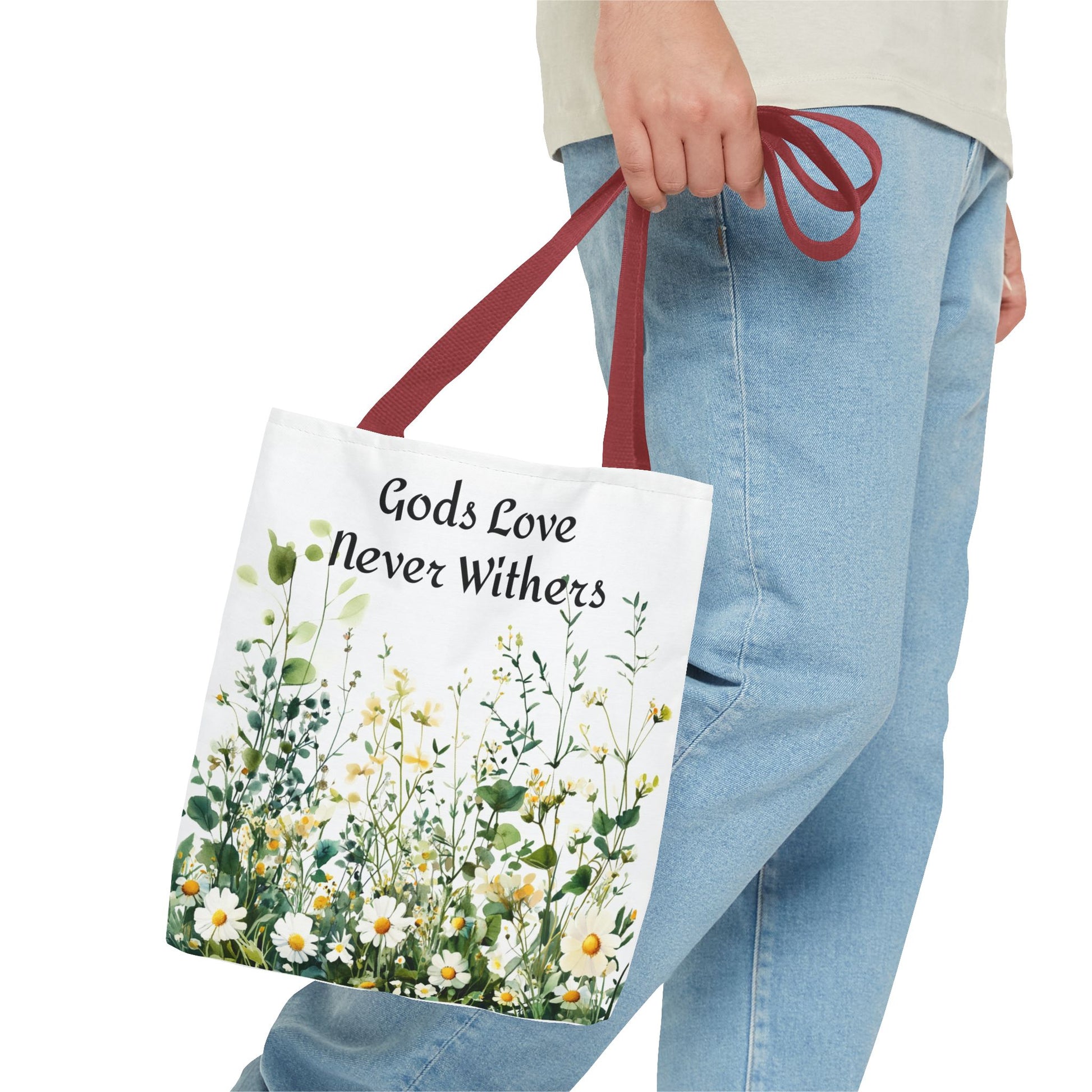 Floral Tote Bag with Gods Love Never Withers Design
